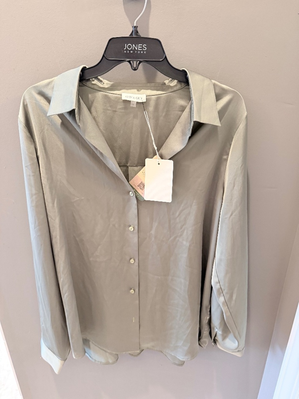 Olive green satin button up blouse